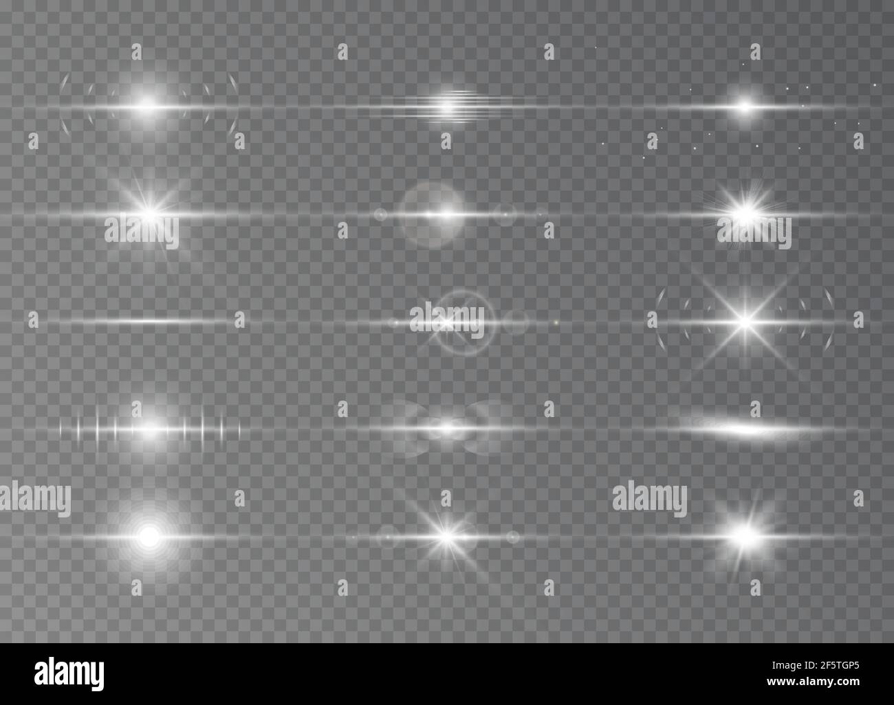Effet spécial avec des rayons de lumière et des étincelles magiques. Kit de lentilles horizontales blanches. Lumière du soleil translucide. Conception de l'effet de lumière. Vecteur il Illustration de Vecteur
