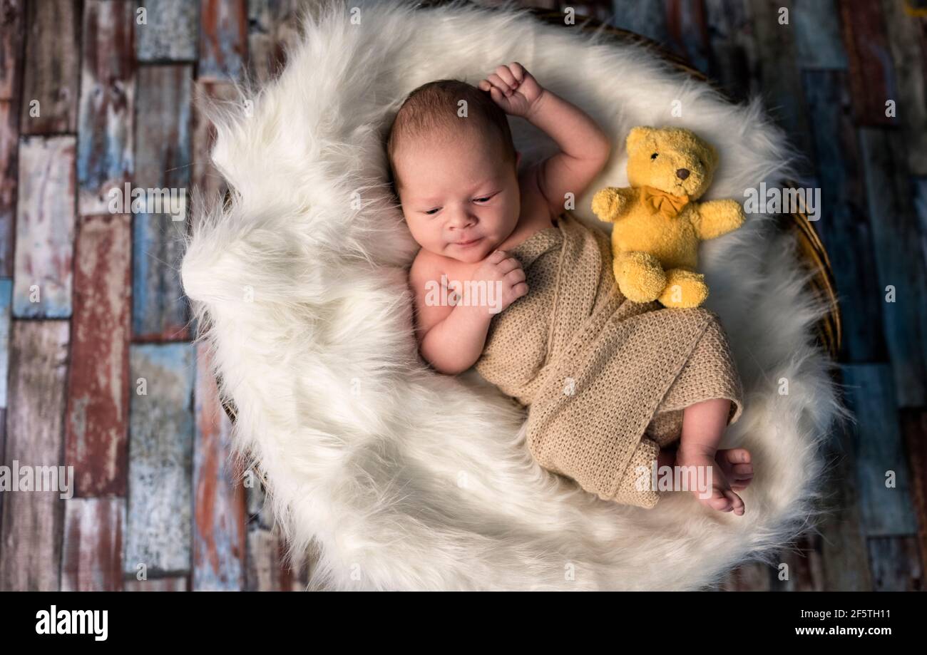 Bébé nouveau-né voilé dans un tapis tricoté près de la peluche porte des jouets Banque D'Images