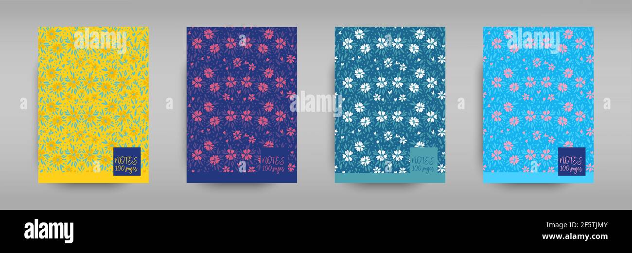 Un ensemble de couvertures pour les carnets avec de petites fleurs et des prairies d'été. Illustration de Vecteur