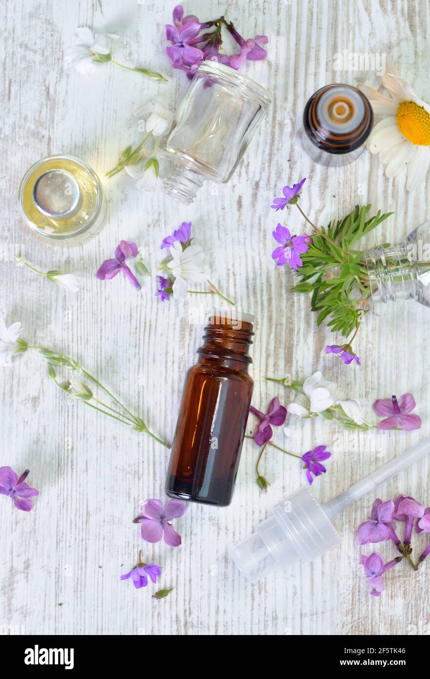 vue de dessus sur les bouteilles d'huile d'essence déversées entre peu fleurs roses sur une table Banque D'Images