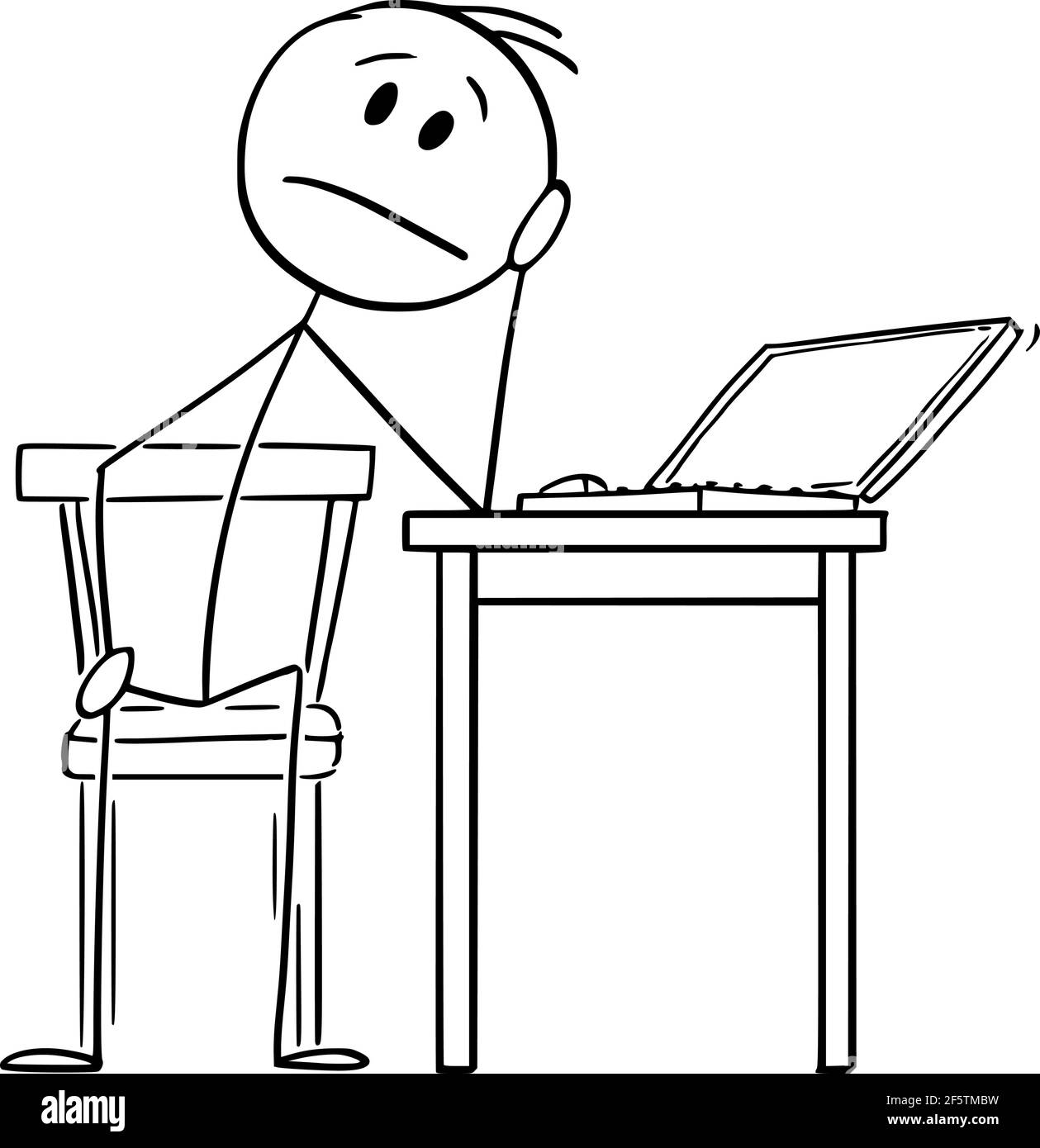 Homme fatigué ou triste travaillant sur un ordinateur à domicile pendant la quarantaine, le bureau à domicile , le bâton de dessin vectoriel Figure Illustration Illustration de Vecteur