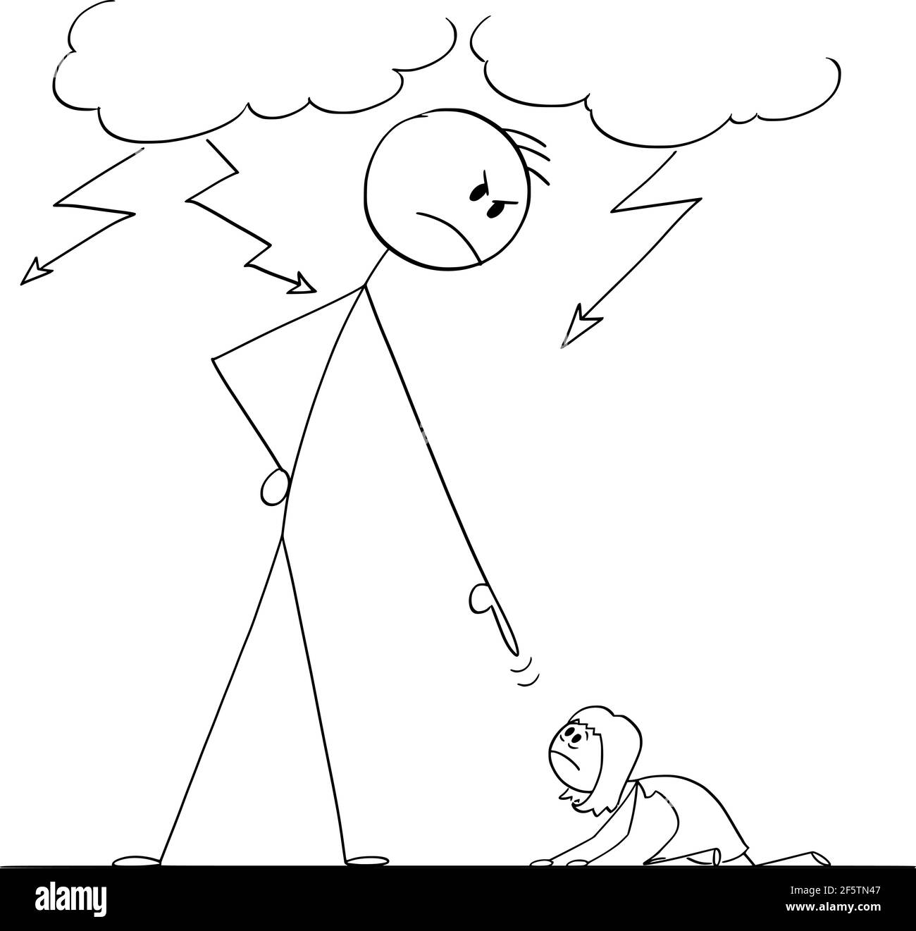Homme oppressant la femme en utilisant son pouvoir, Vector Cartoon Stick Figure Illustration Illustration de Vecteur