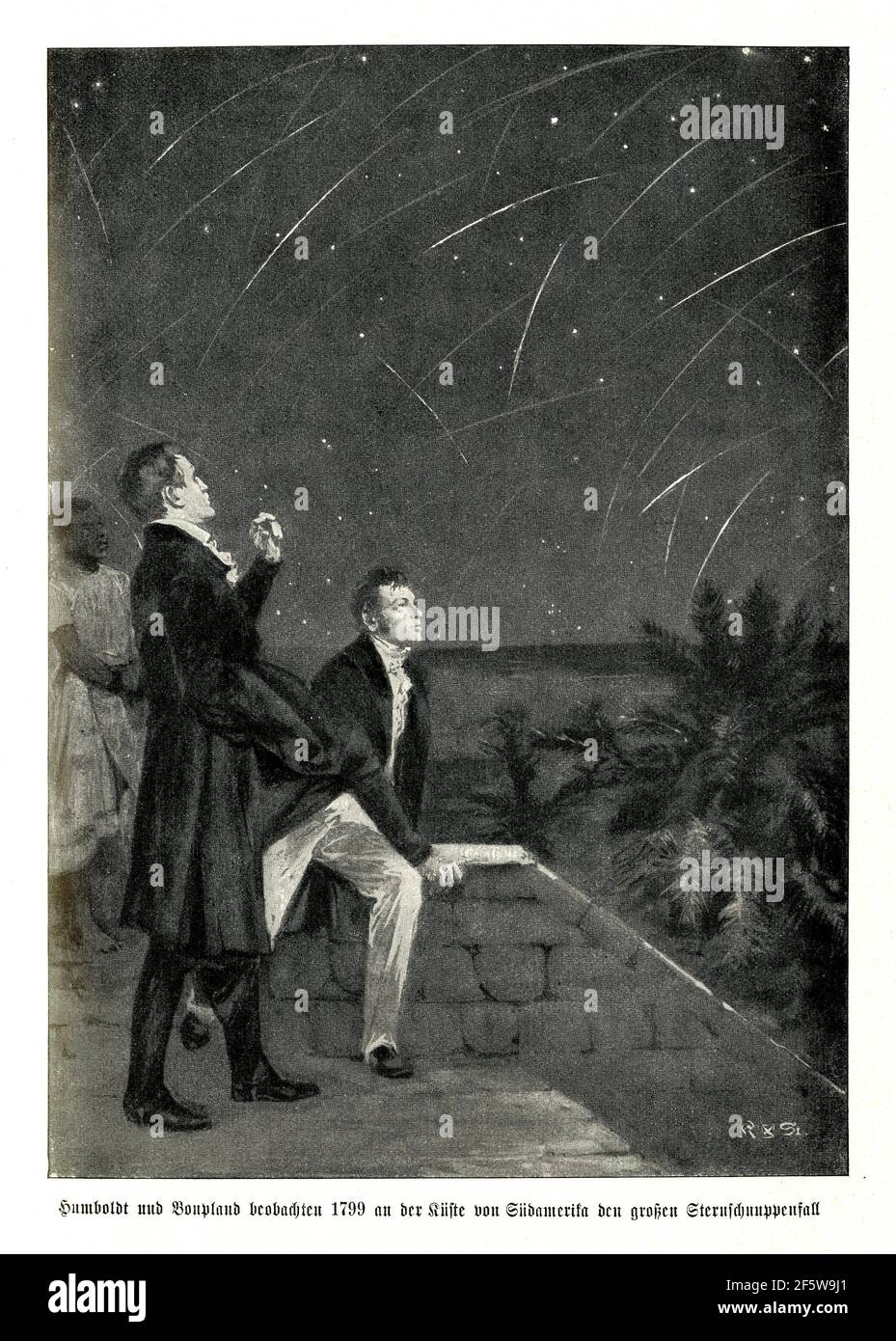 Alexander von Humboldt et Aimee Bonpland observent la grande chute Étoile sur la côte de l'Amérique du Sud en 1799 Banque D'Images