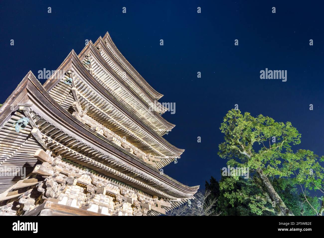 Toit de la pagode Ruriko-ji la nuit avec des étoiles dans le ciel bleu, Yamaguchi, Japon Banque D'Images