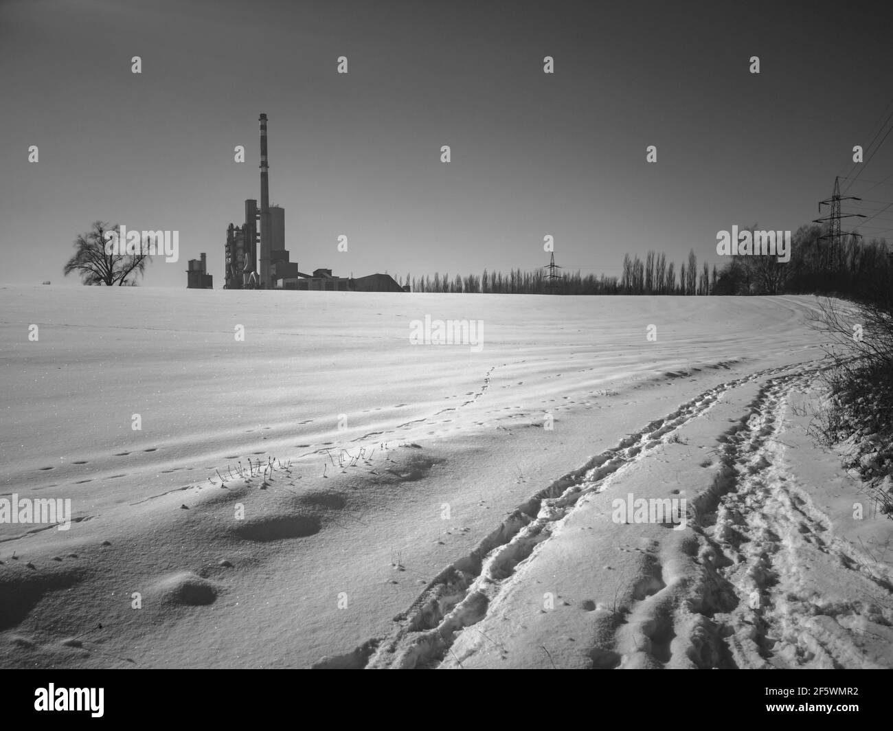 Une photo en niveaux de gris d'un paysage d'hiver dans un environnement industriel zone exposée à la lumière douce du matin Banque D'Images