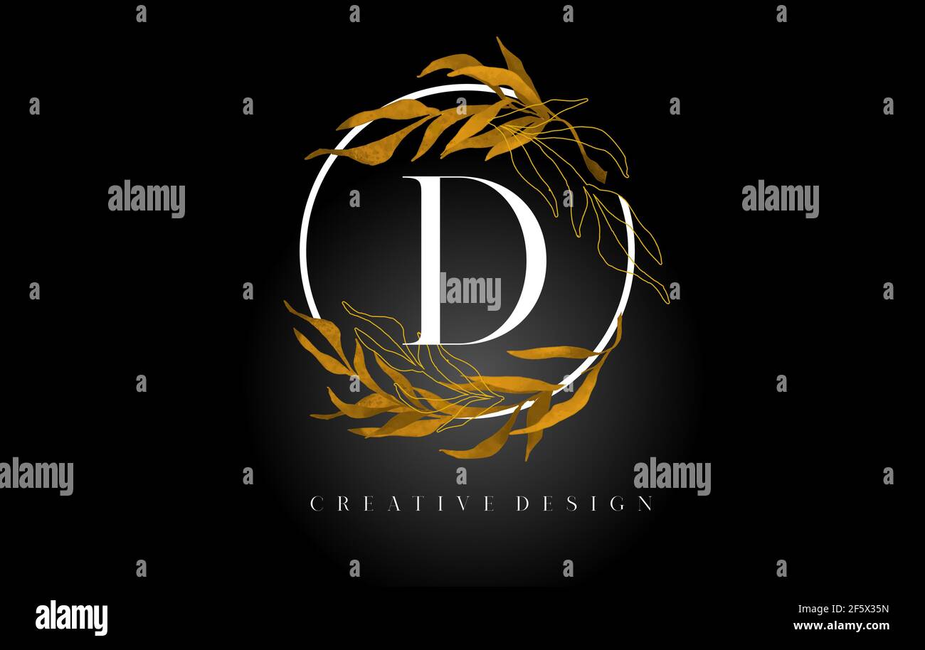 Logo Golden Leaf lettre D avec feuilles d'or et lignes de monoline d'or. Lettre D pour les produits naturels de beauté cosmétiques. Illustration de Vecteur