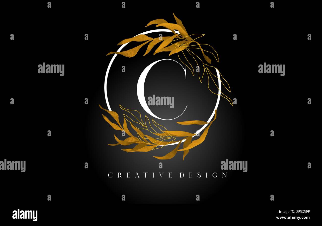 Logo Golden Leaf lettre C avec feuilles d'or et lignes de monoline d'or. Lettre C logo pour produits naturels de beauté cosmétiques. Illustration de Vecteur
