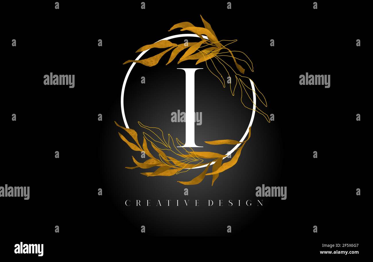 Logo Golden Leaf lettre I avec feuilles d'or et lignes de monoline d'or. Lettre I logo pour produits naturels de beauté cosmétiques. Illustration de Vecteur