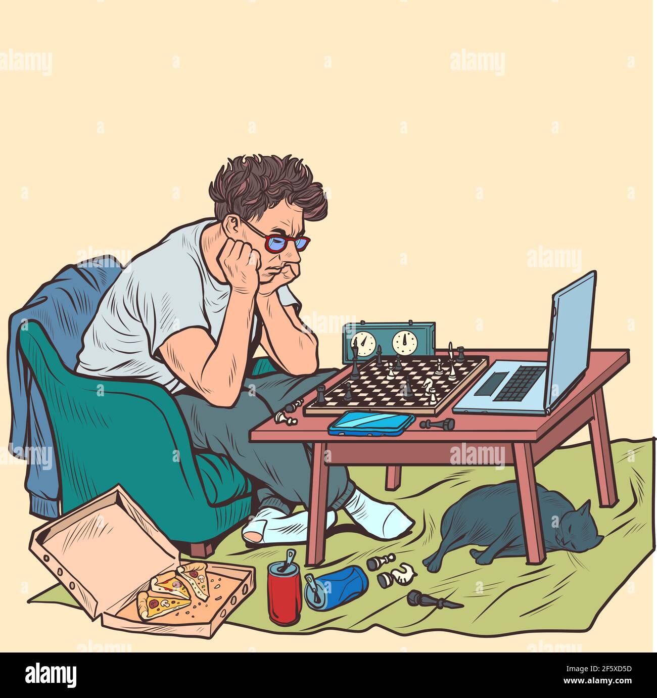 Un homme joue aux échecs en ligne avec un adversaire virtuel Illustration de Vecteur