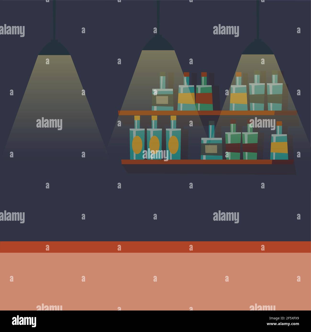 Comptoir de bar vide, pub place avec meubles et bouteille d'alcool. Illustration de la vie nocturne du restaurant Vector, comptoir de boîte de nuit Illustration de Vecteur