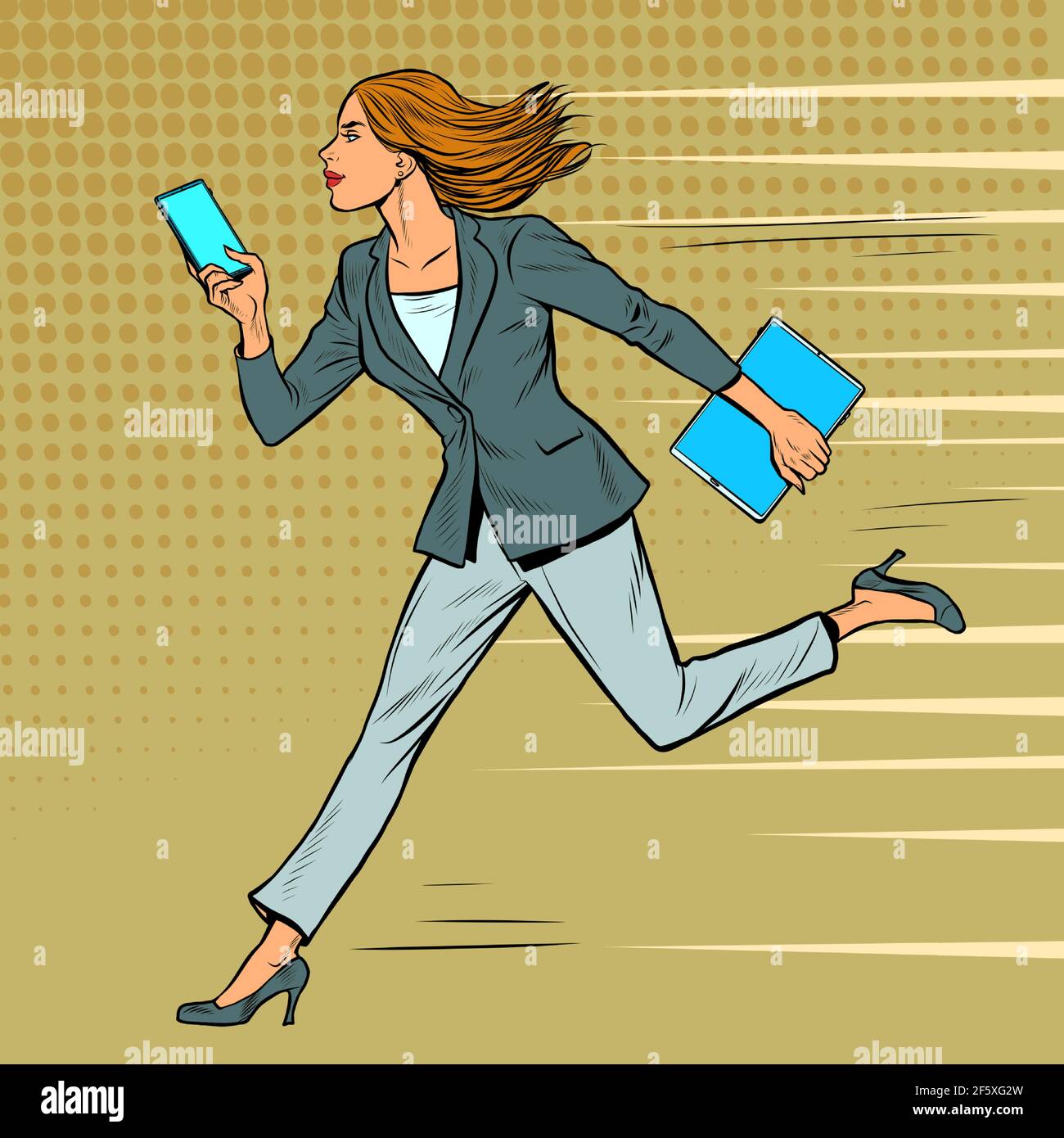 une femme d'affaires court avec un smartphone. Femme moderne au travail Illustration de Vecteur