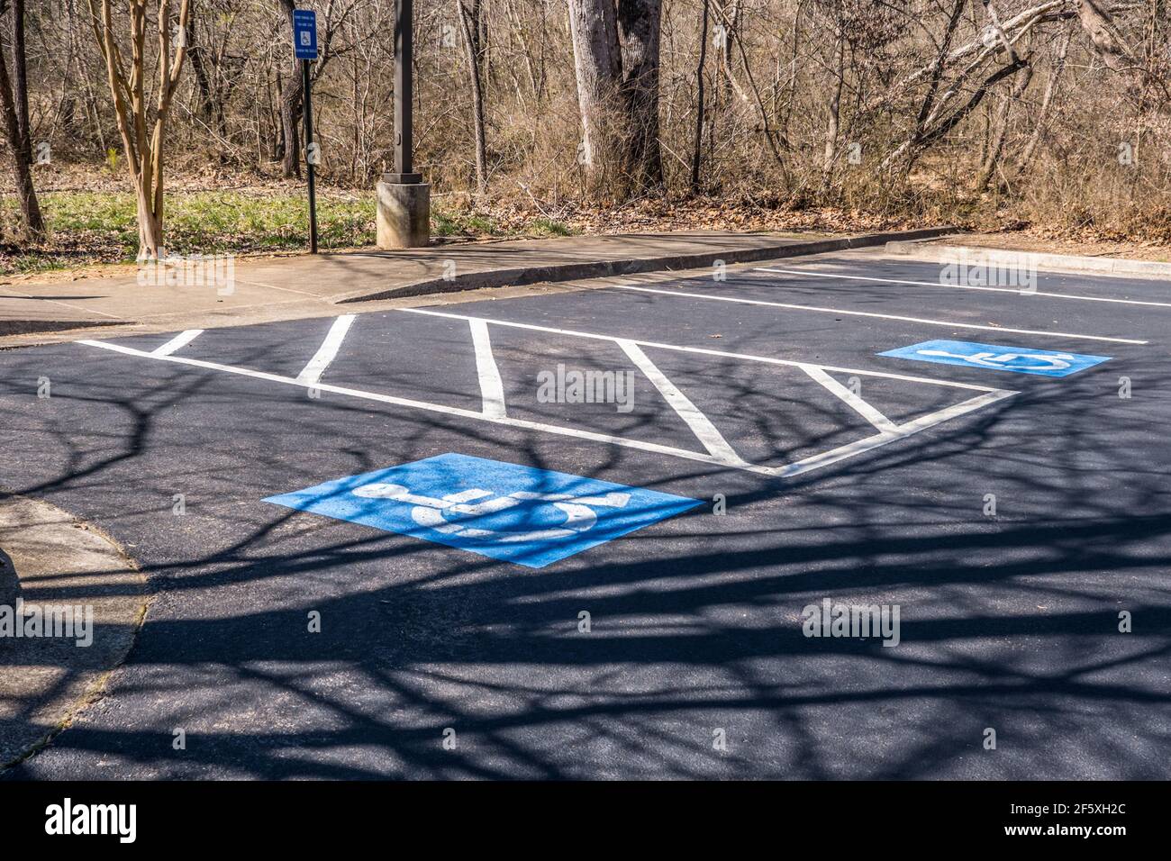 Places de parking réservées pour handicapés, uniquement avec signalisation en indiquant la loi avec des symboles de fauteuil roulant bleus peints sur le asphalte dans un pair Banque D'Images