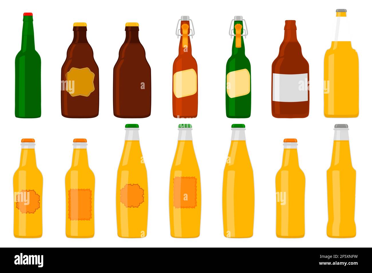 Illustration sur le thème grand kit bouteilles de bière en verre avec couvercle pour la brasserie. Bière à motifs composée de nombreuses bouteilles de verre identiques sur fond blanc. CG Illustration de Vecteur