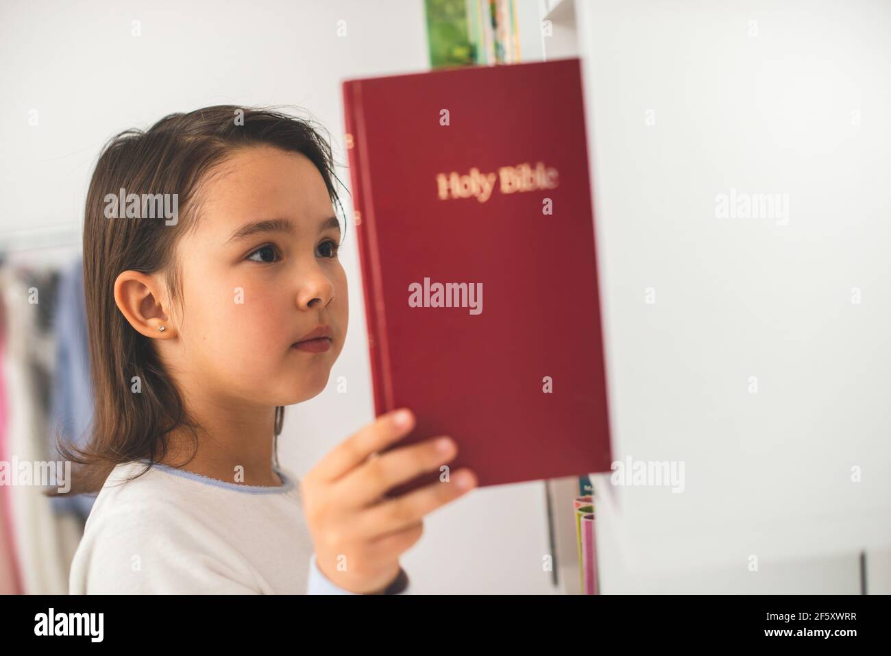 Peu de prendre la bible de sa bibliothèque Banque D'Images