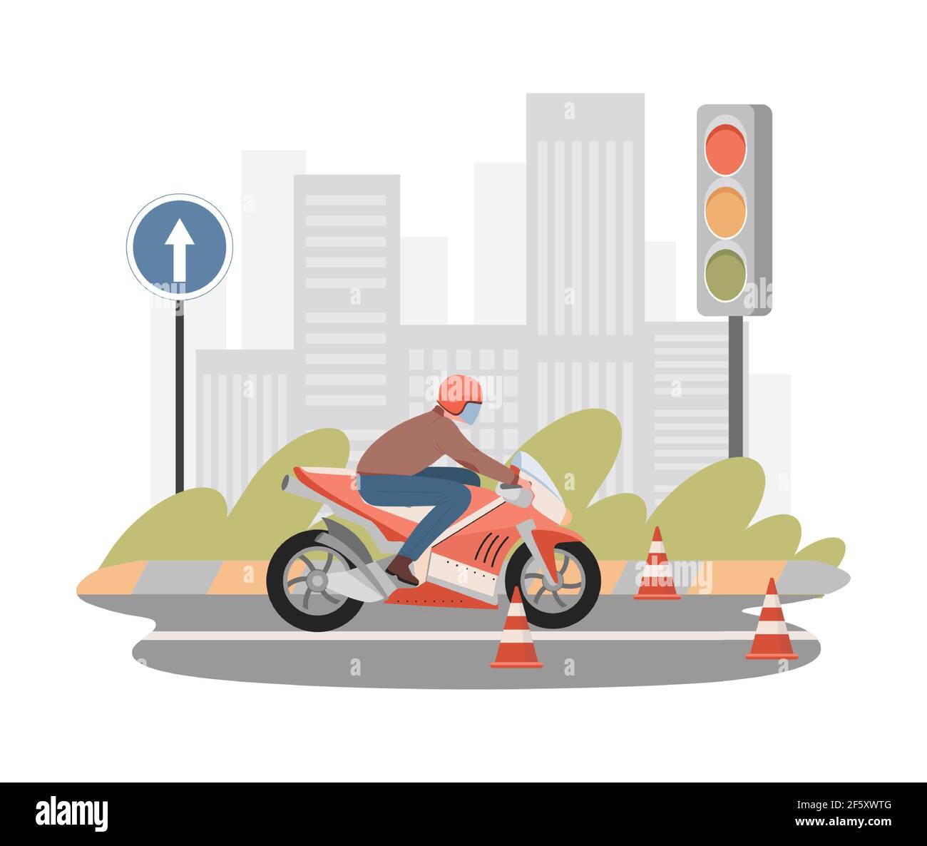 Illustration plate vecteur moto School. Homme roulant à moto entre les cônes de prudence, pratiquant la conduite, apprendre les règles pour réussir les examens de conduite. Cours de moto avec signalisation routière et feu de circulation. Illustration de Vecteur