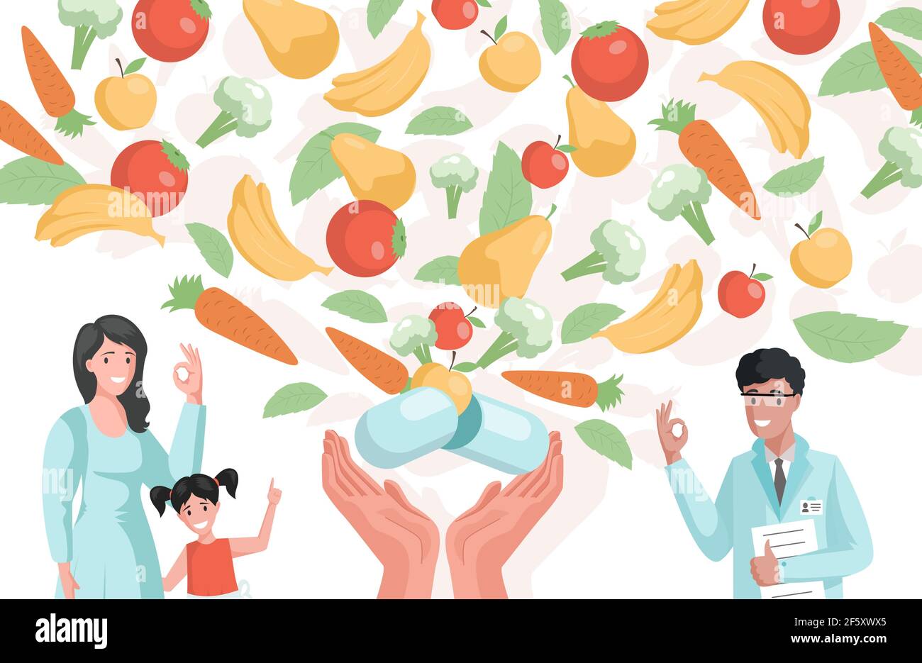 Pilules pleines de vitamines, suppléments, et minéraux vecteur plat dessin animé illustration. Bonne mère souriante, fille, et médecin montrant le signe ok. Mains tenant une capsule médicale avec des fruits et des légumes. Illustration de Vecteur
