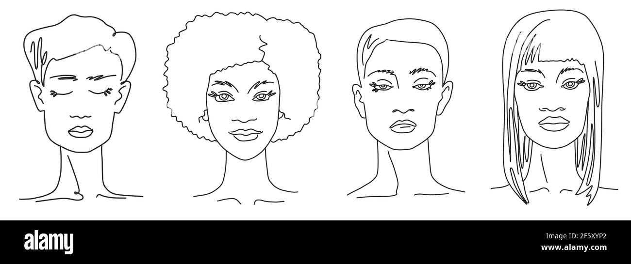 Femmes abstraites visages. Série de portraits de femmes simplifiés. Esquisse dessinée à la main Illustration vectorielle Illustration de Vecteur