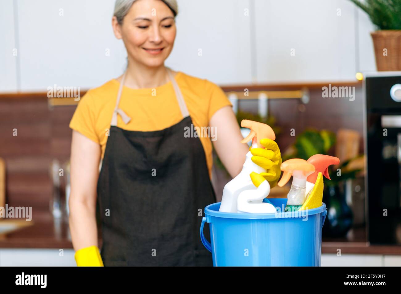 Concept de service de nettoyage. Femme de ménage asiatique aux cheveux gris mûrs défoqué travaillant dans la cuisine, portant des gants et un tablier, choisissant un détergent, des instructions de lecture, souriant Banque D'Images
