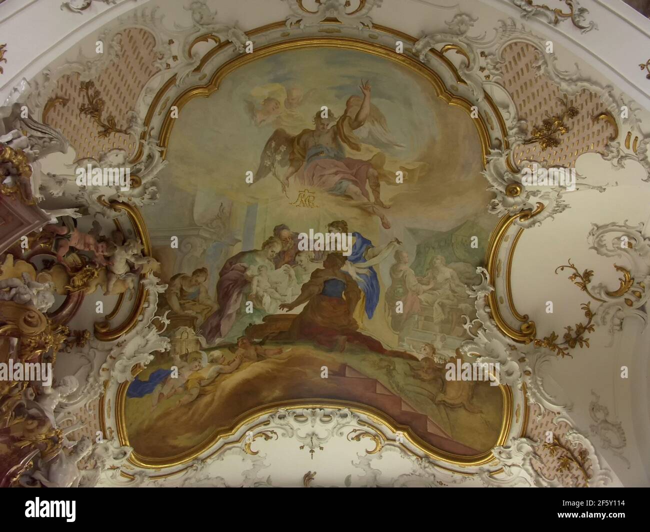 Fresque 'naissance de Marie' dans l'église de l'abbaye de Zwiefalten, Zwiefalten à la limite sud des Alpes souabes, Bade-Wurtemberg, Allemagne Banque D'Images