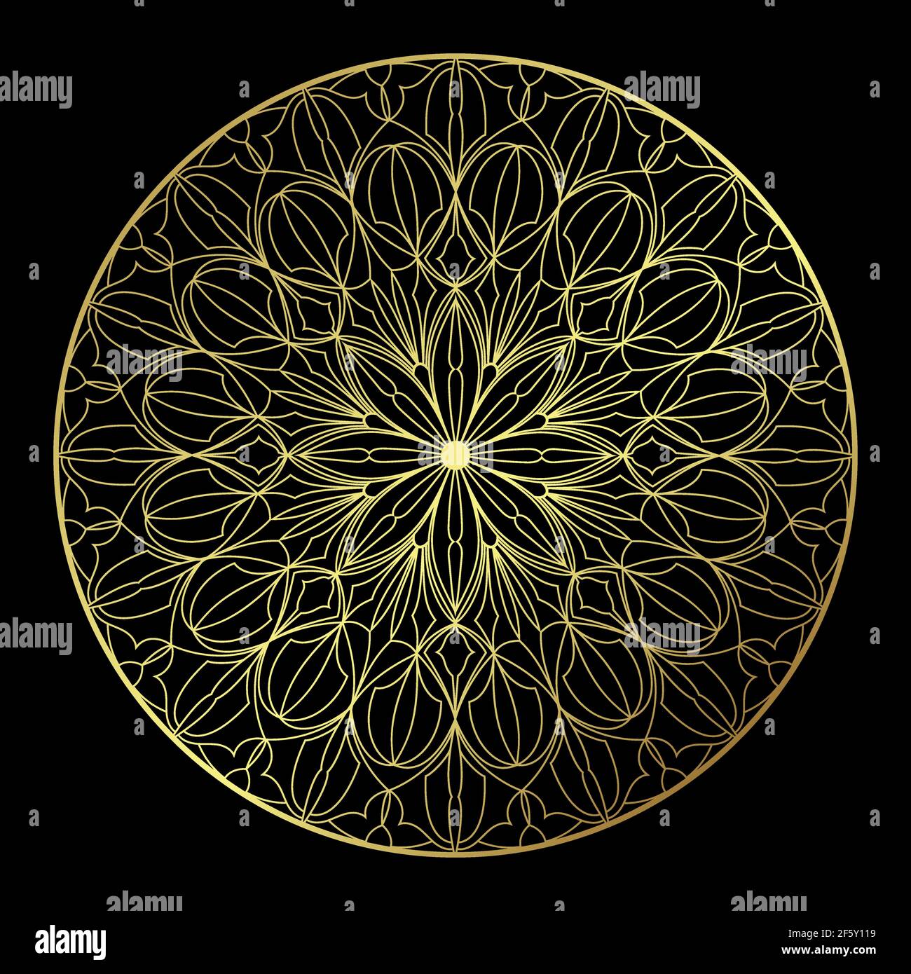 Dessin au trait de mandala doré en dentelle sur fond noir Illustration de Vecteur