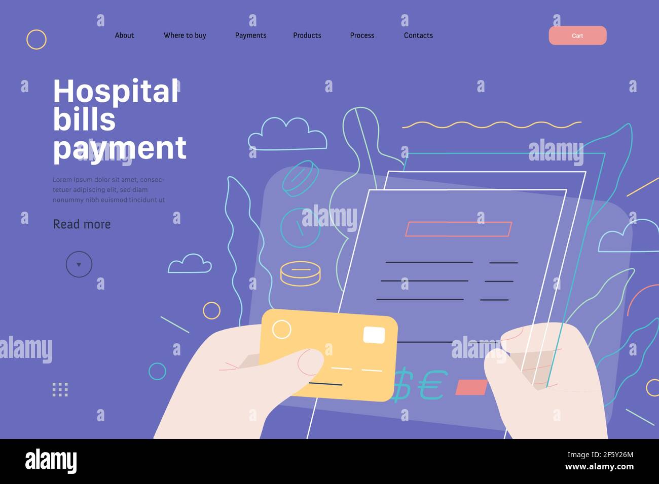 Modèle de page Web d'assurance médicale - paiement des factures d'hôpital - moderne vecteur plan concept illustration numérique - patient signant une pile de factures, ho Illustration de Vecteur