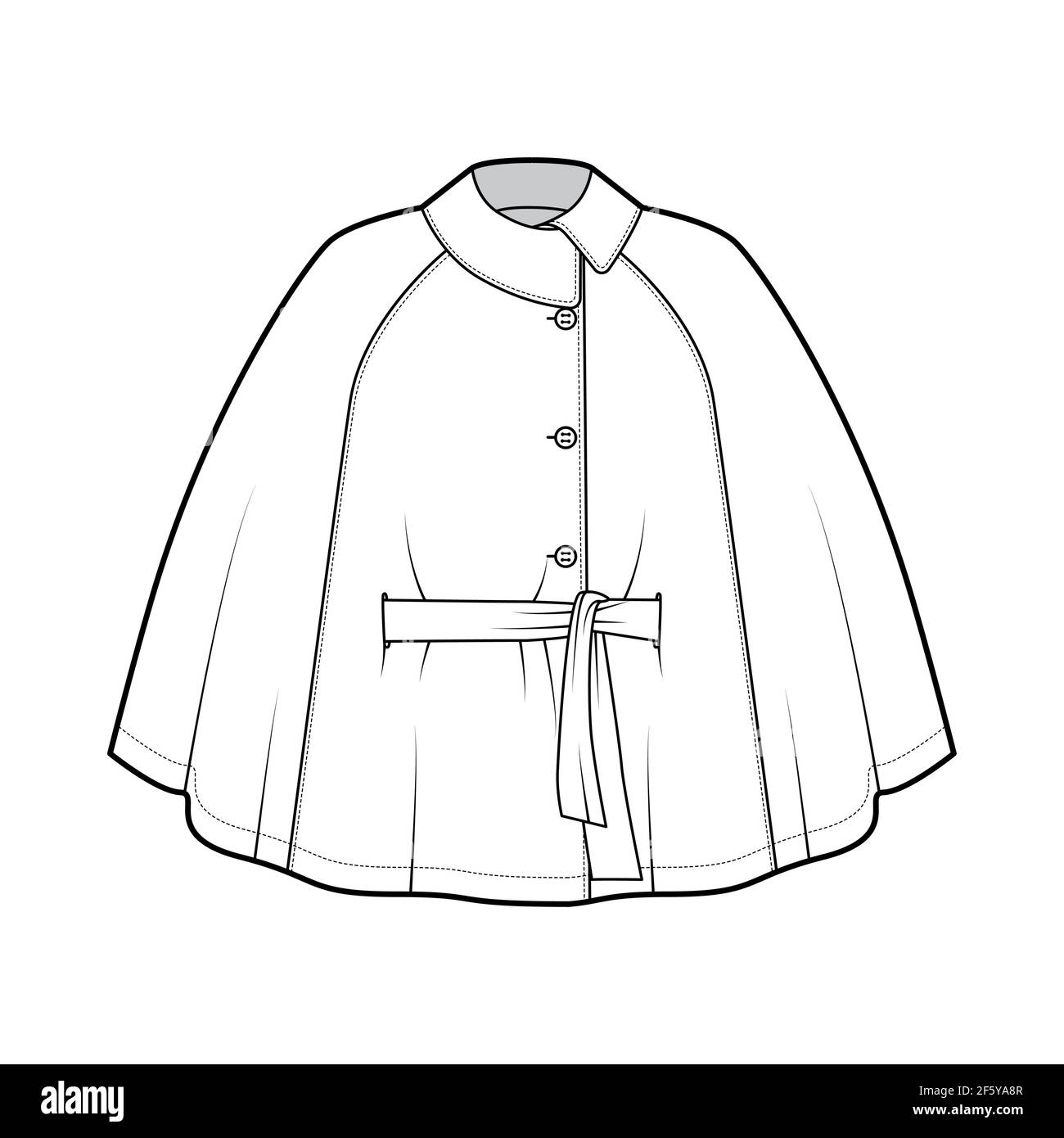 Cape manteau manteau manteau illustration technique de la mode avec  ceinture, col asymétrique, corps trapèze grand, longueur du bout des  doigts. Modèle de veste plate sur le devant, style blanc. Femmes, hommes,