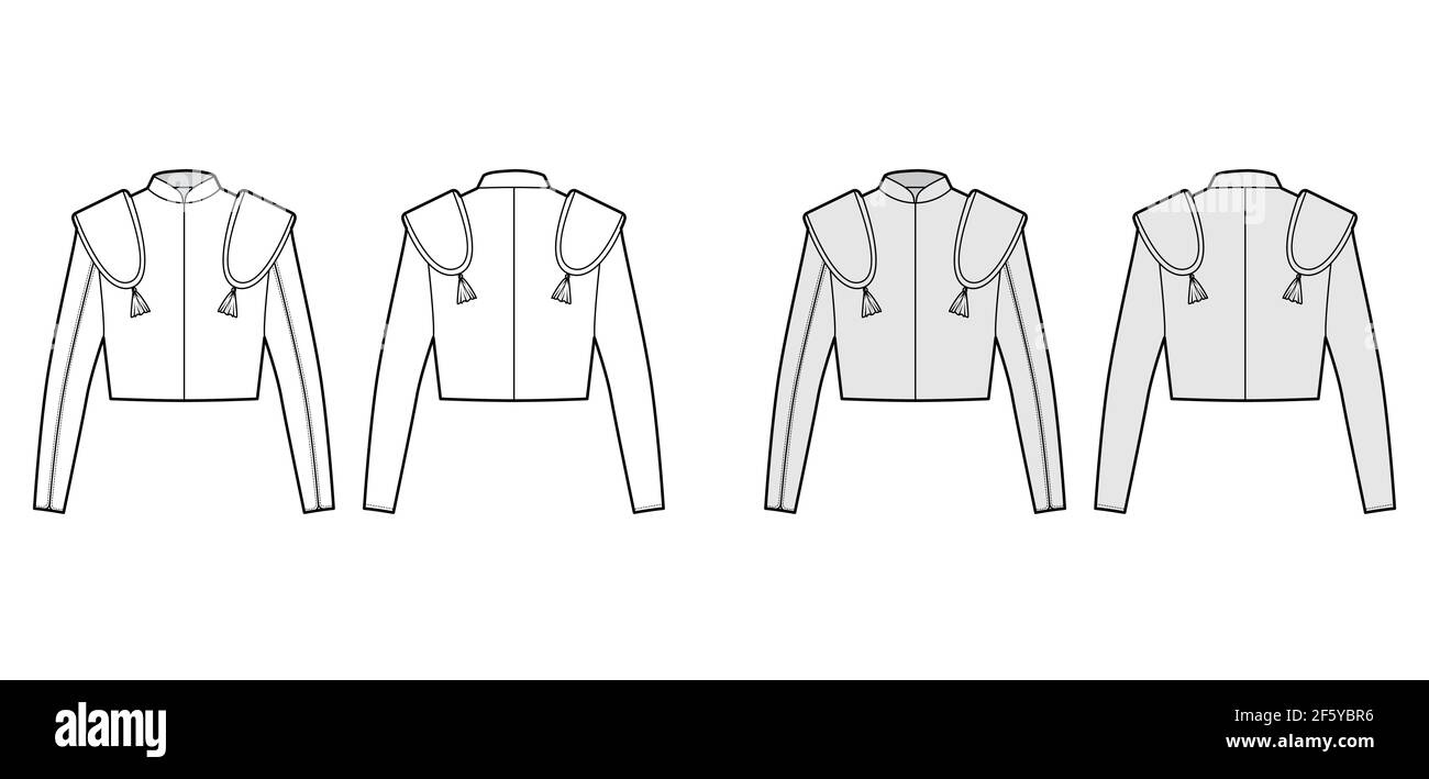 Veste Torero matador technique mode illustration avec manches longues, col  montant, longueur de la taille, embellir. Modèle de chaqueta plat à  l'avant, à l'arrière, blanc, style gris. Les femmes et les hommes