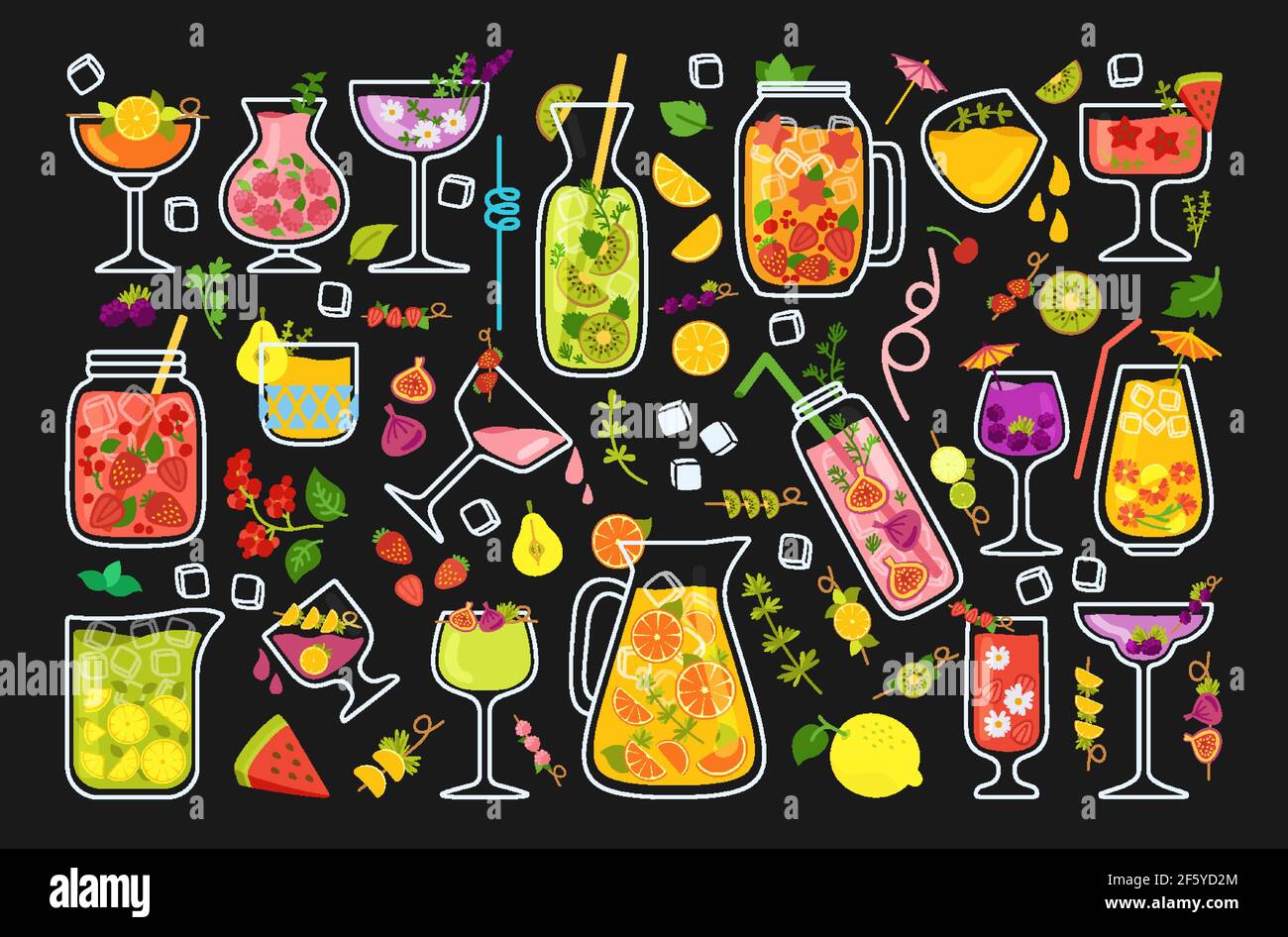 Cocktails tropicaux, jus de fruits d'été, ensemble de dessins animés. Limonade aux fraises et thé, Mojito et menu Orange frais ou smoothie. Boissons en verre et fruits. Illustration vectorielle tendance au design plat sur fond noir Illustration de Vecteur
