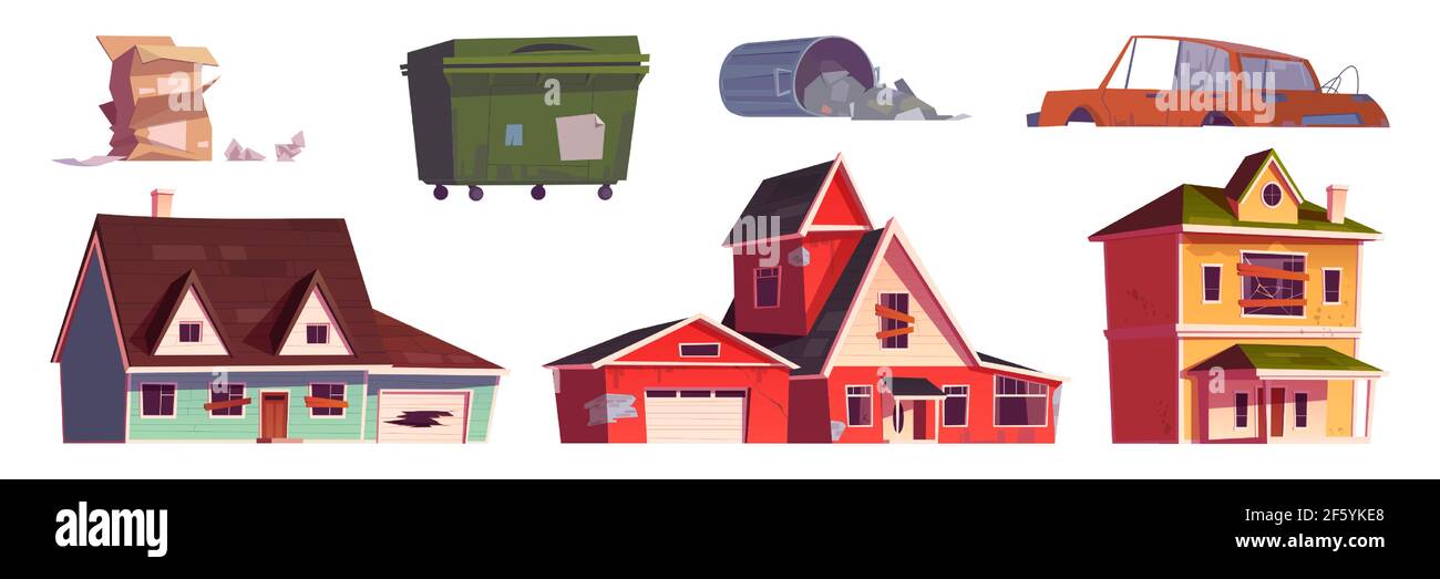 Vieilles maisons abandonnées, poubelle et voiture brisée Illustration de Vecteur