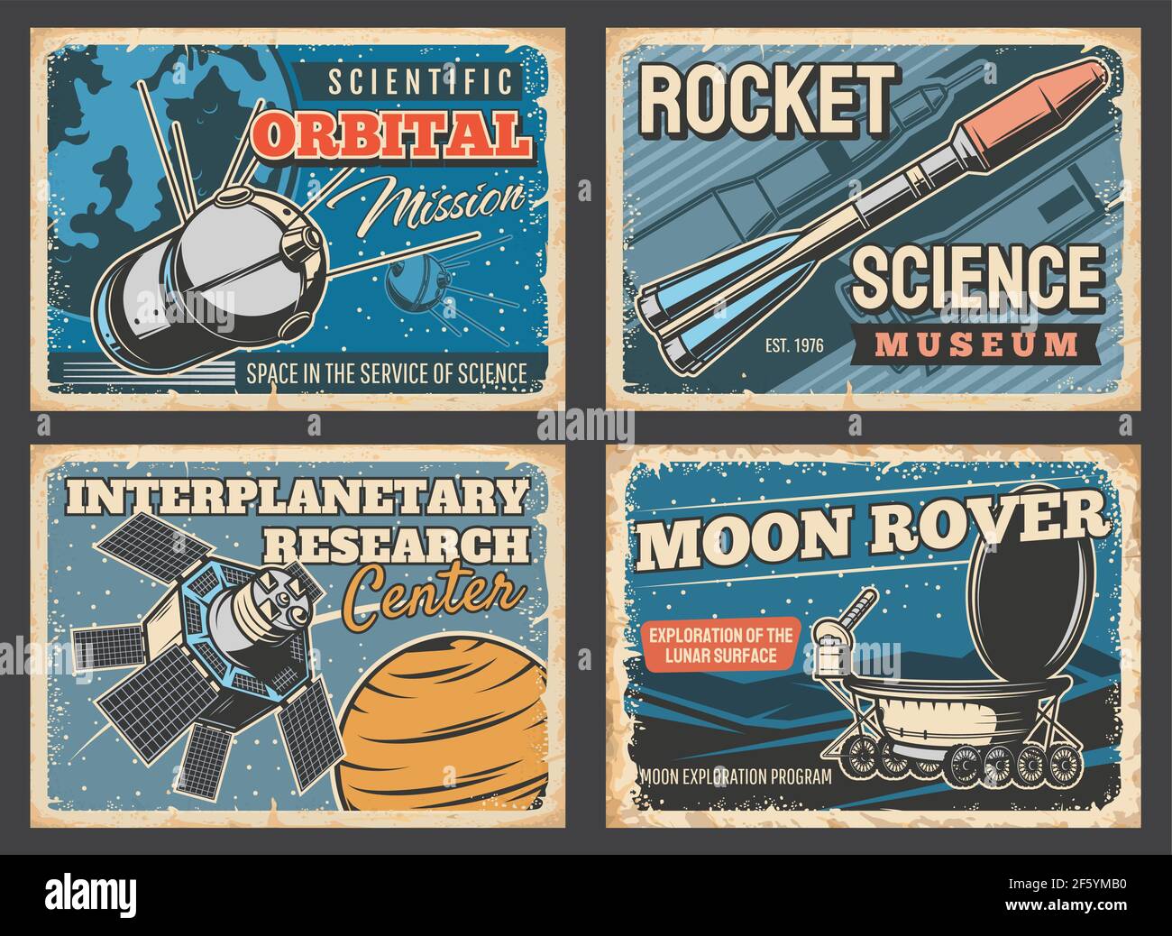 Posters de fusée spatiale, fusée d'astronaute et Moon rover, vecteur rétro vintage. Vol de vaisseau spatial et exploration de l'univers, centre de recherche interplanétaire Illustration de Vecteur