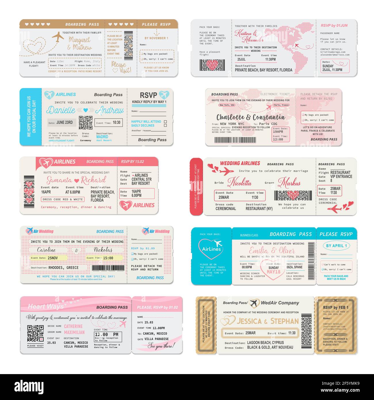 Carte d'embarquement des modèles de vecteur d'invitation de mariage. Billets d'avion et cartes de vol avec avions, coeurs, carte du monde et coupons RSVP Illustration de Vecteur