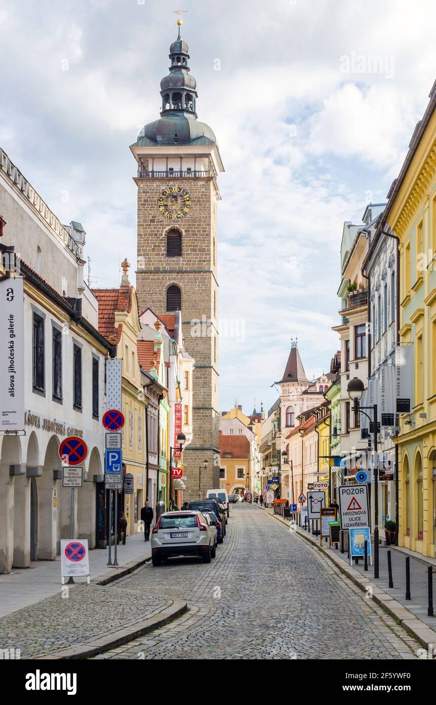 Tour noire dans la vieille ville de Ceske Budejovice, République tchèque Banque D'Images