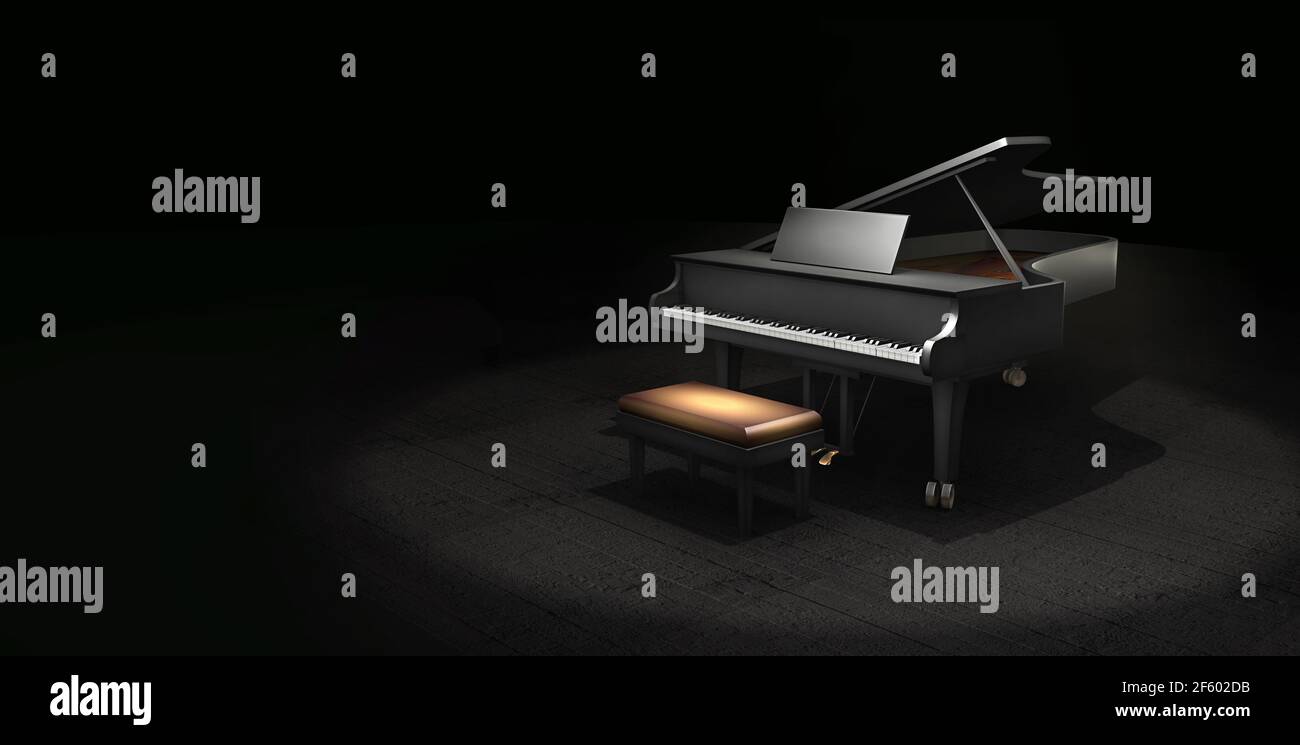 Scène de concept musical d'illustration 3D sombre avec piano à queue, avec espace de copie pour le texte Banque D'Images