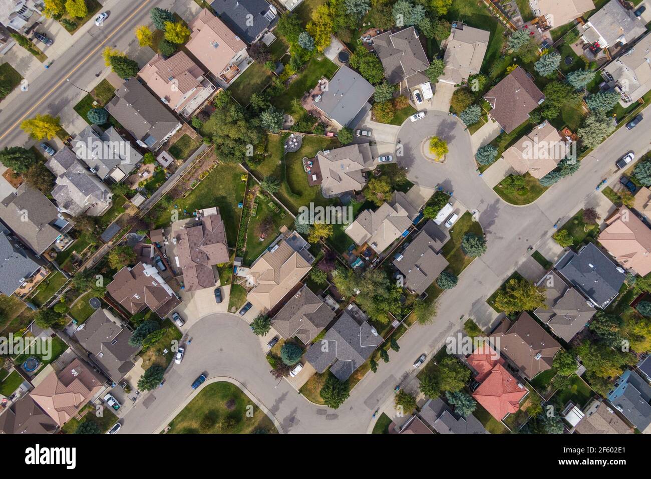 Vue aérienne en haut vers le bas des maisons et des rues dans le beau quartier résidentiel pendant la saison d'automne à Calgary, Alberta, Canada. Banque D'Images