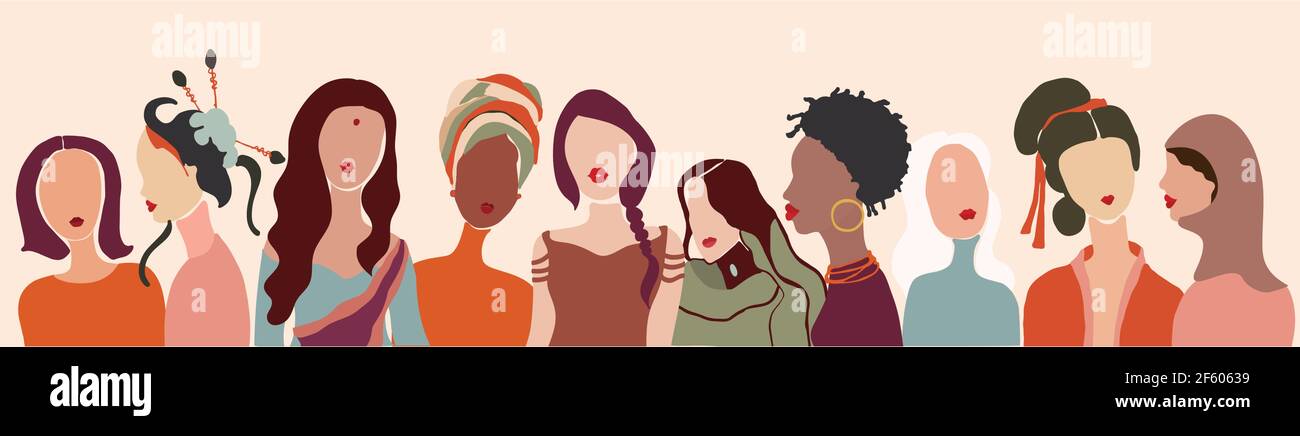 Groupe de communication de la diversité multiethnique multiculturelle à laquelle les femmes sont confrontées. Communauté de réseau social féminin de culture diversifiée. Parlez et partagez des informations. Illustration de Vecteur