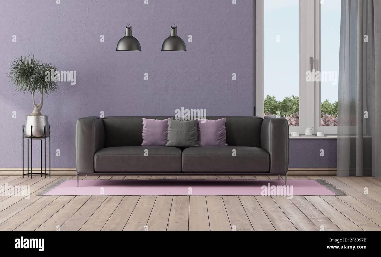 Chambre violette avec canapé en cuir noir et grande fenêtre - rendu 3d Banque D'Images