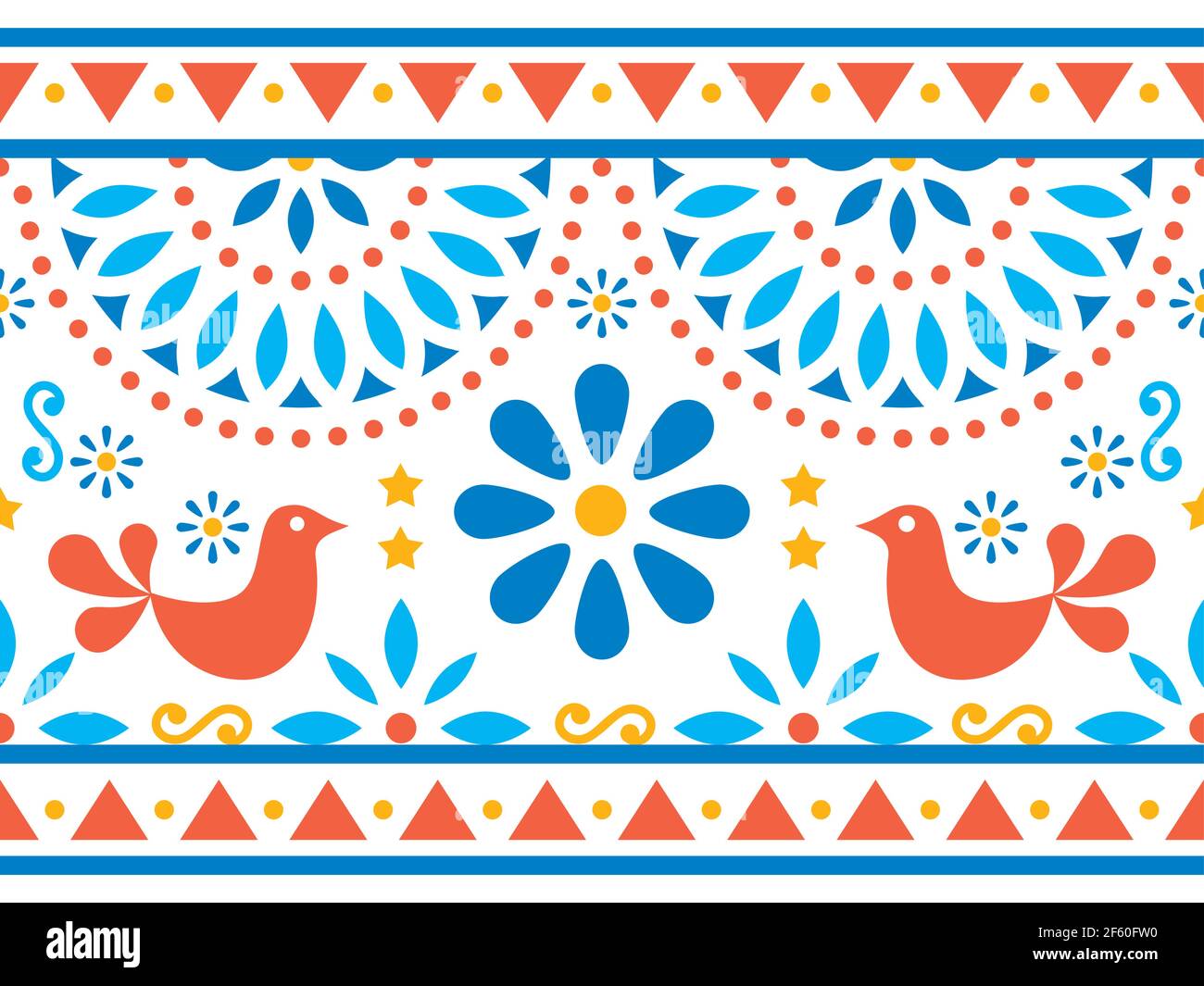 Motif vectoriel d'art populaire mexicain long sans couture avec oiseaux et fleurs, textile ou carte de vœux inspiré de l'art traditionnel du Mexique Illustration de Vecteur