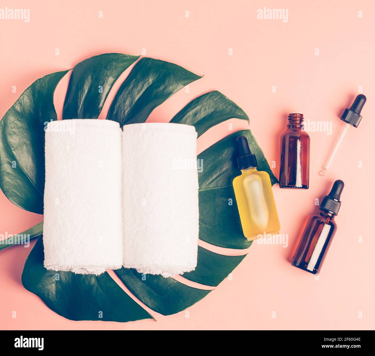 Divers cosmétiques huile sérum gel feuille verte de plantes tropicales serviettes propres sur fond rose pastel. Cosmétiques biologiques naturels alternatifs pour SPA pro Banque D'Images