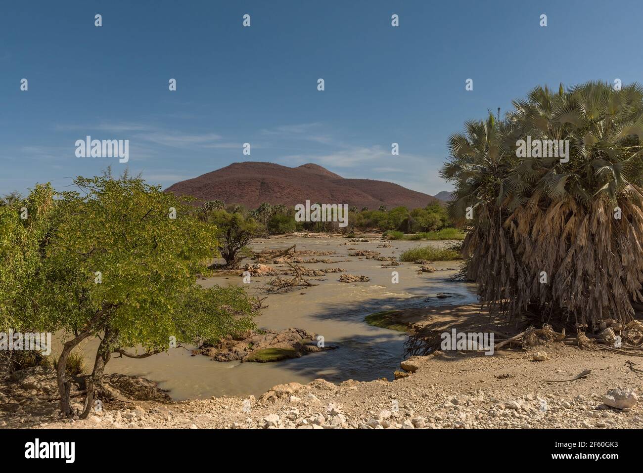 Vue sur le paysage de la rivière Kunene, la rivière frontalière entre la Namibie et l'Angola Banque D'Images