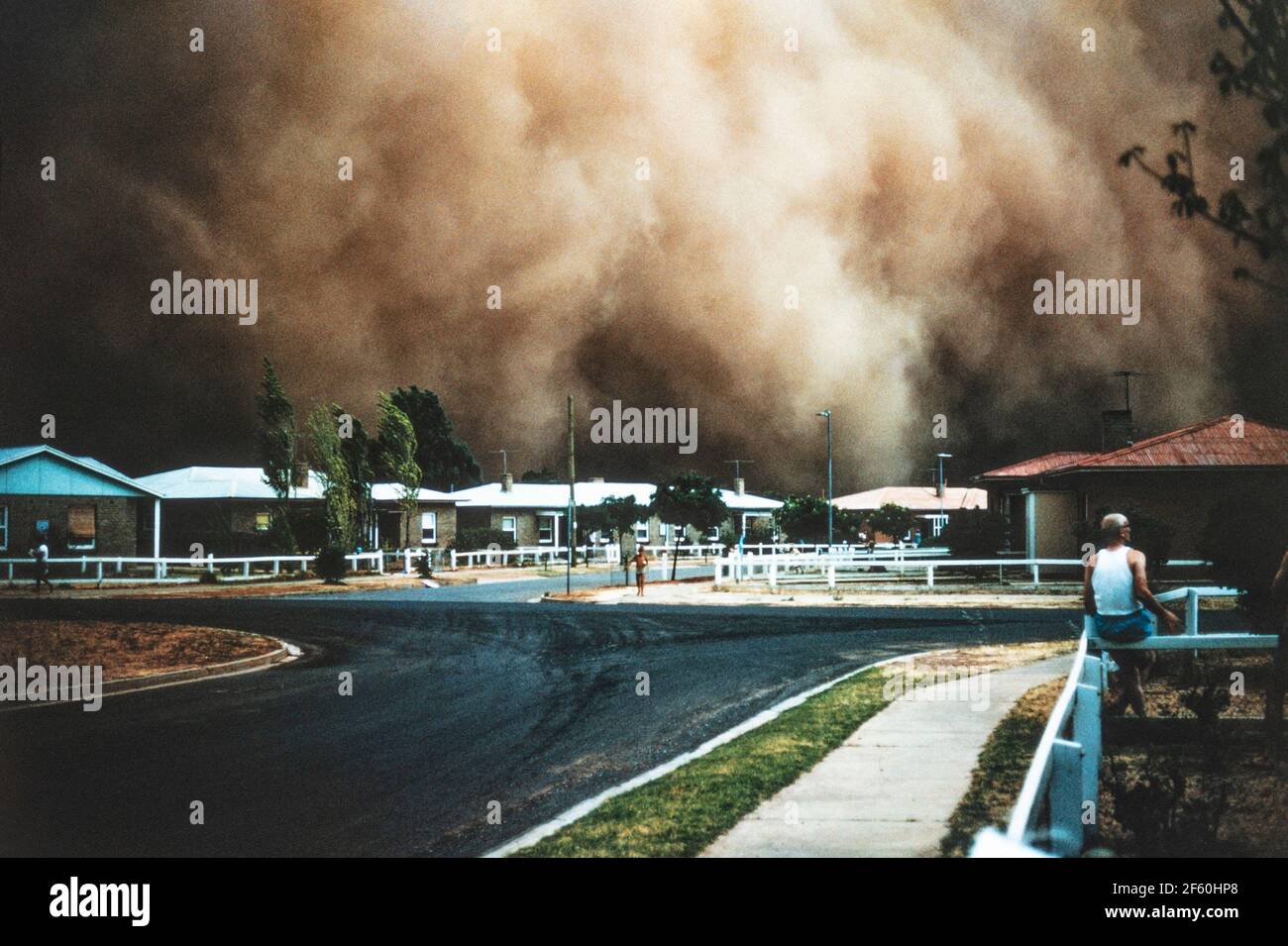 1968 - Elizabeth, Adélaïde, Australie méridionale. Tempête de poussière Australie . Tempête de poussière arrivant au-dessus de la ville d'Elizabeth Grove, Elizabeth, Adélaïde, Australie méridionale 18 janvier 1968. Elizabeth Grove a été fondée en 1955 comme l'une des banlieues d'Elizabeth, une banlieue au nord d'Adélaïde, en Australie méridionale. Une tempête de poussière, ou tempête de sable, est un phénomène météorologique qui se produit lorsqu'un front de rouille ou un autre vent puissant souffle du sable et de la saleté sur une surface sèche. La tempête de poussière est plus susceptible d'être utilisée lorsque des particules plus fines sont soufflées sur de longues distances, en particulier lorsque la tempête de poussière affecte les zones urbaines. Banque D'Images