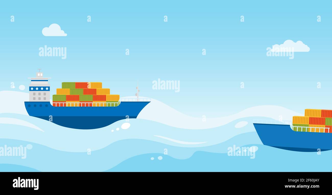 Deux navires cargo avec cargaison naviguent en mer. Livraison du chargement. Logistique de transport maritime. Illustration vectorielle plate sur fond bleu. Illustration de Vecteur