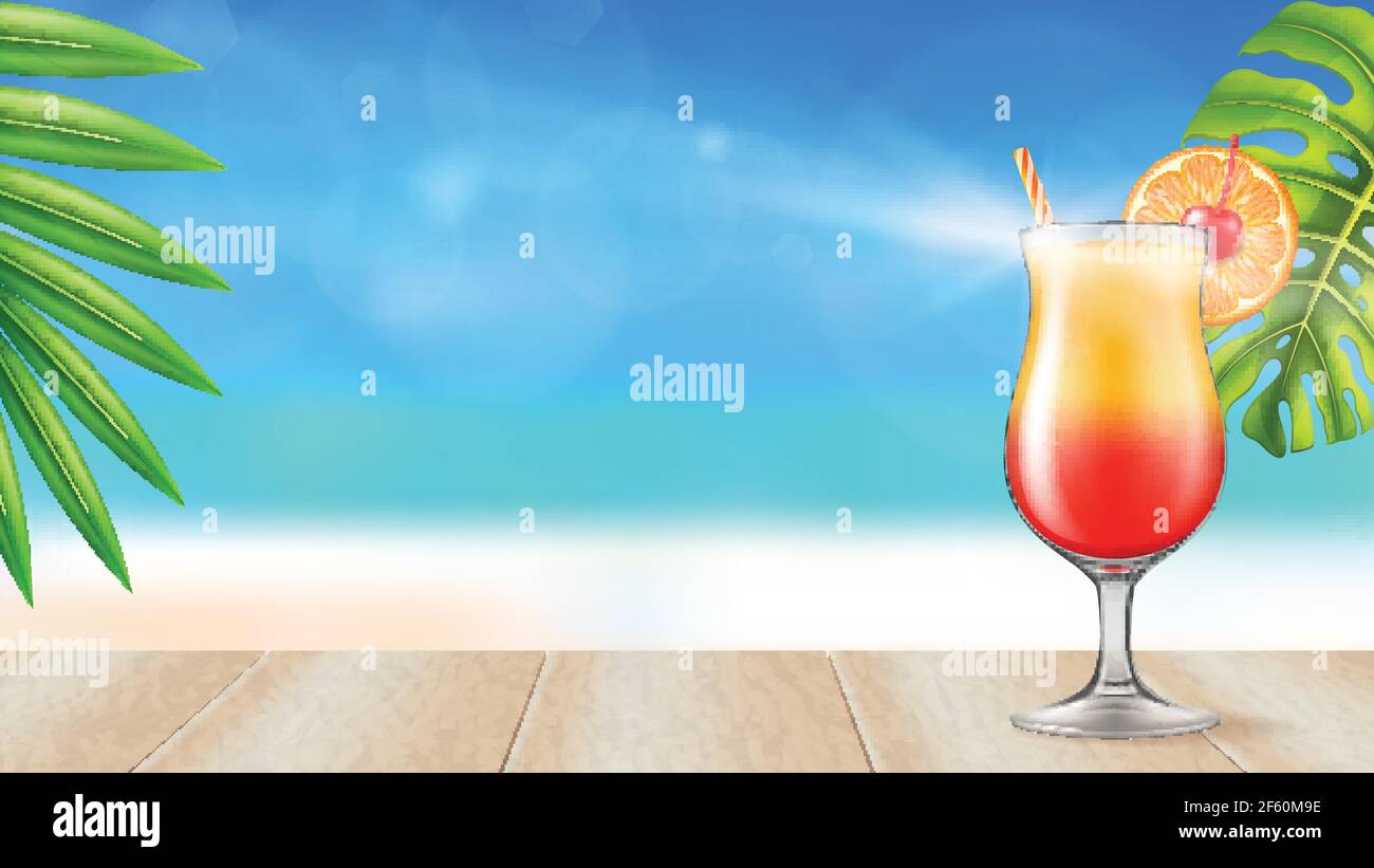 Tequila Sunrise cocktail sur une table en bois sur un fond de plage. Illustration vectorielle au réalisme photographique. Illustration de Vecteur