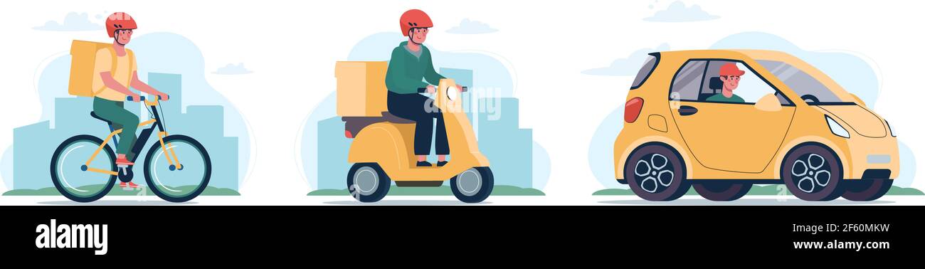 Concept de service de livraison en ligne, suivi des commandes en ligne, livraison à domicile et au bureau. Vélo de coursier, cyclomoteur et voiture de livraison voiture électrique. Ensemble d'illustrations vectorielles de style plat. Illustration de Vecteur