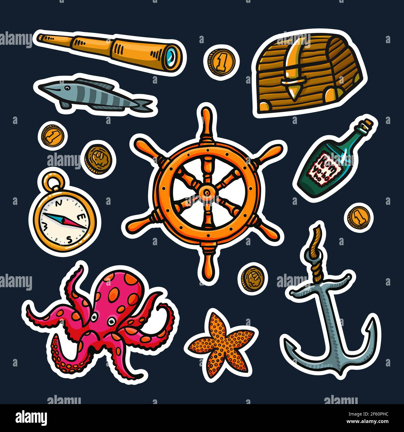 Ensemble d'autocollants Sea Adventures. Objets vectoriels marins dessinés à la main. Illustration vectorielle de style Doodle Illustration de Vecteur