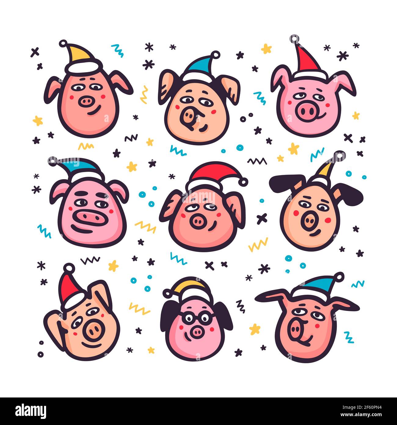 Pichons de père Noël. Cochons amusants avec chapeaux de père Noël. Symbole nouvel an chinois. Personnages de style Doodle pour cartes de vœux, imprimés, icônes, autocollants. Vecteur Illustration de Vecteur