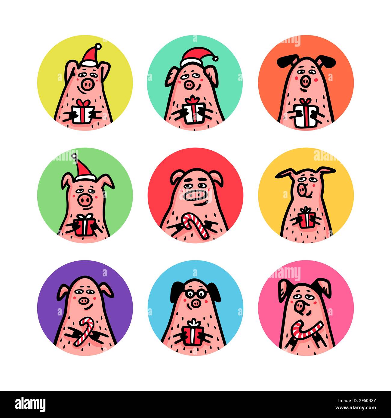 Ensemble d'autocollants ronds. Cochons amusants avec des cannes de bonbons, des cadeaux et des chapeaux de Père Noël. Symboles nouvel an chinois. Personnages de style Doodle pour cartes de vœux Illustration de Vecteur