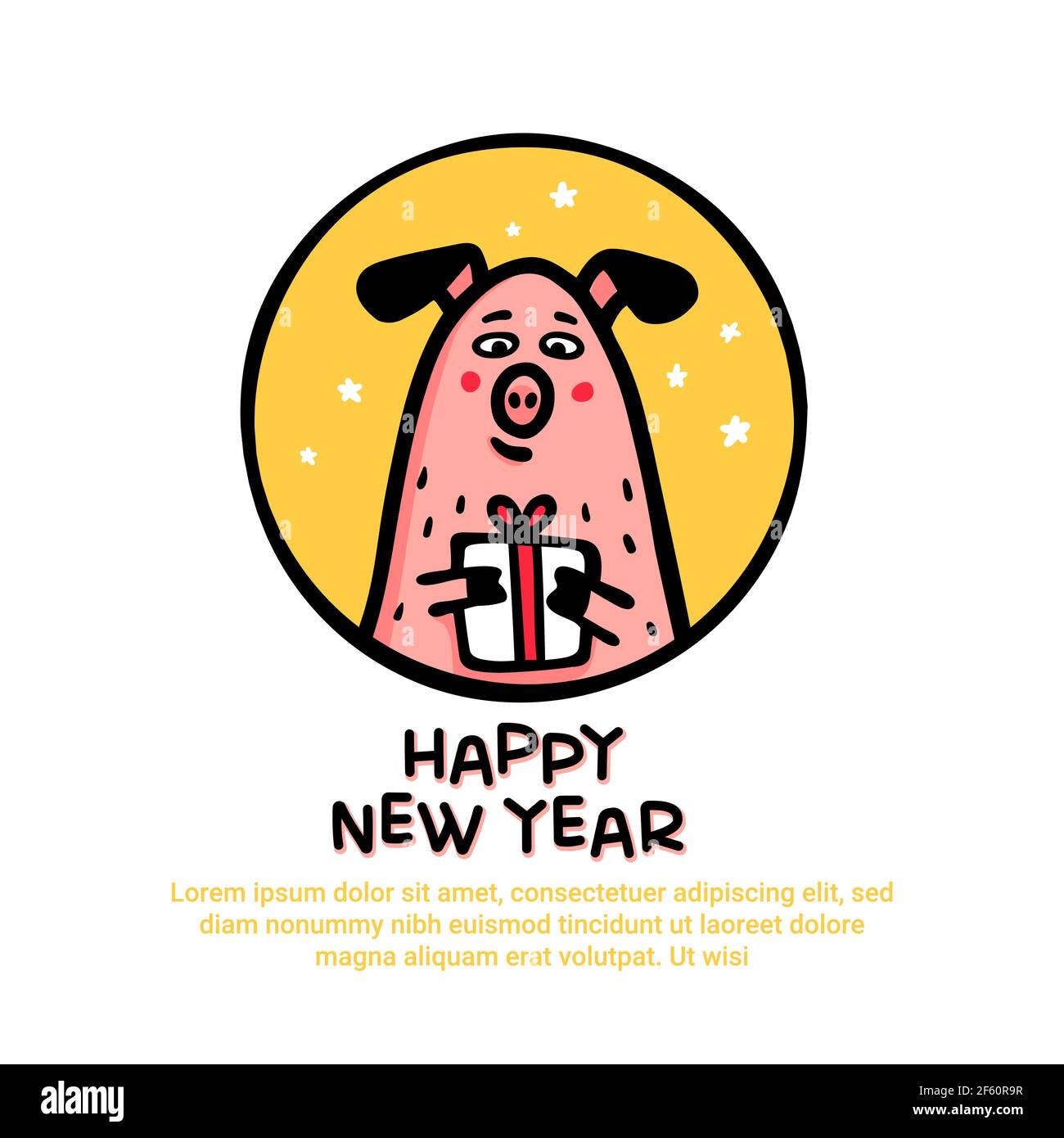 Carte de vœux de bonne année à motif cochon. Cochon drôle avec un cadeau. 2019 symbole nouvel an chinois. Personnages de style Doodle pour cartes de vœux, imprimés, icônes, autocollants. Illustration de Vecteur