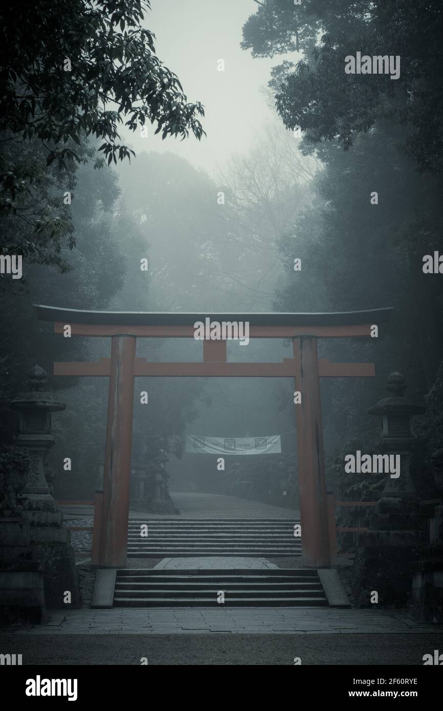 Le Grand Sanctuaire déserté de Kasuga Taisha à Nara, Kansai, Japon, un matin froid et brumeux Banque D'Images