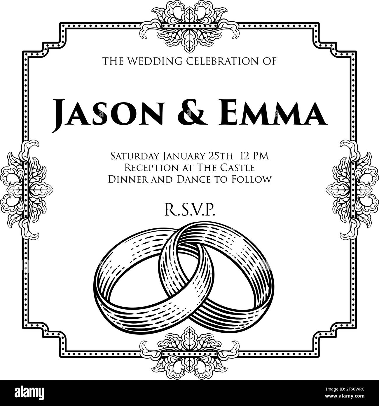 Invitation Woodcut à anneaux de mariage entrelacés Illustration de Vecteur