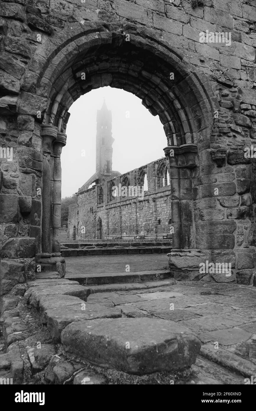 Le noir et blanc de la tour de la cathédrale Saint-Andrews, en Écosse, est encadré par une arche de pierre Banque D'Images